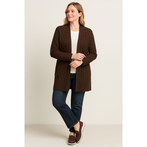 Chicos Espresso Brown Knit Open Front Cardigan Sweater Wool Cashmere Size 1 US M - Picture 1 of 13